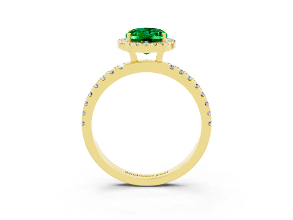 Yellow gold Oval Cut Emerald Classic Halo Engagement Ring with Round Pavé Band and Prong Setting