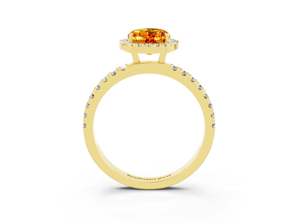 Yellow gold Oval Cut Citrine Classic Halo Engagement Ring with Round Pavé Band and Prong Setting