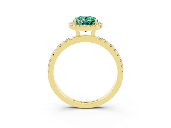 Yellow gold Oval Cut Green Sapphire Classic Halo Engagement Ring with Round Pavé Band and Prong Setting