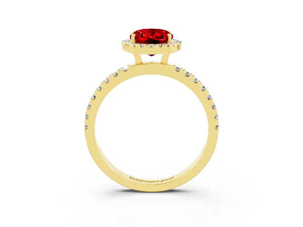 Yellow gold Oval Cut Halo Diamond Pave Band with Prong Setting