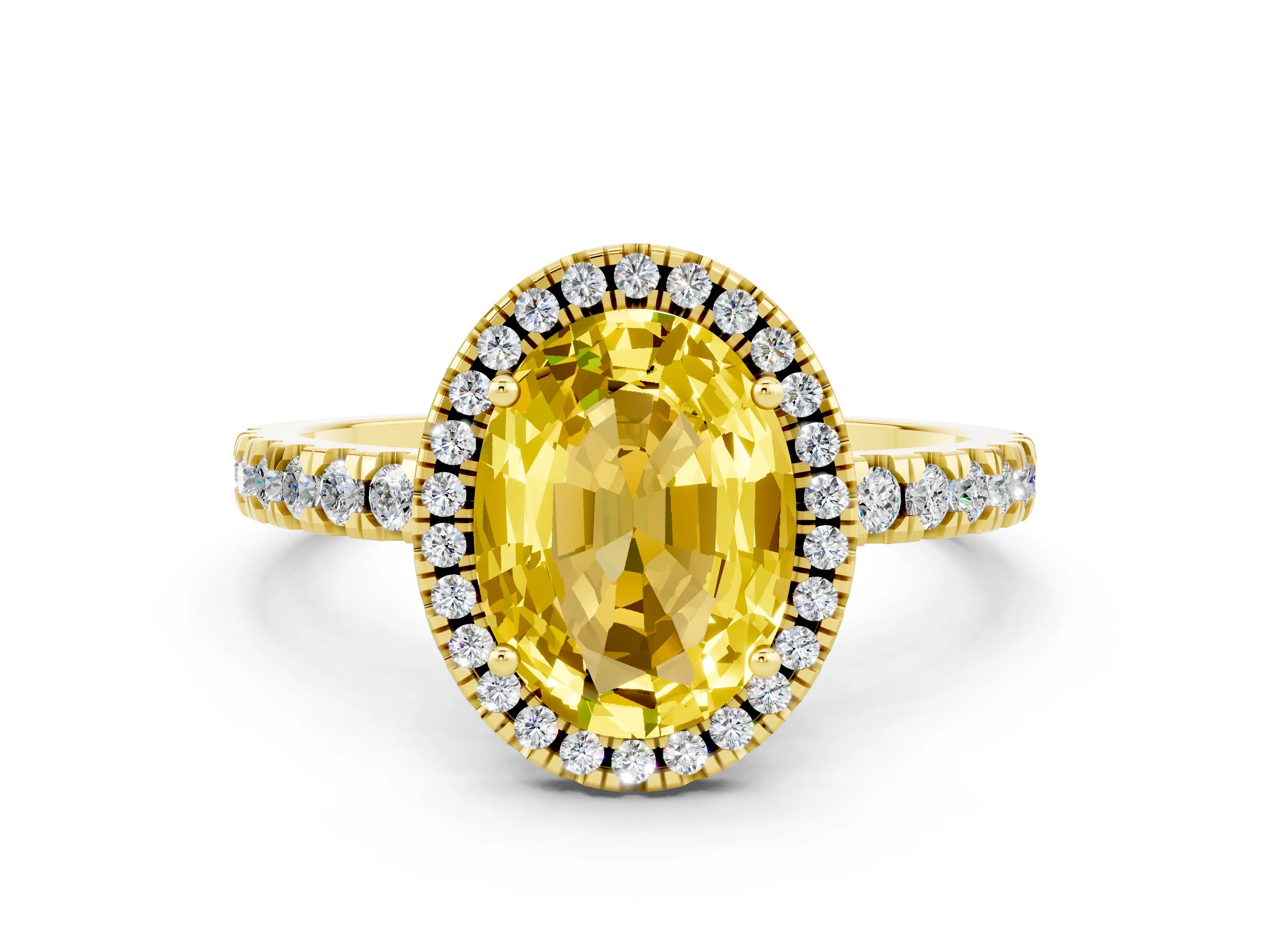 Yellow gold Oval Cut Halo Diamond Pave Band with Prong Setting