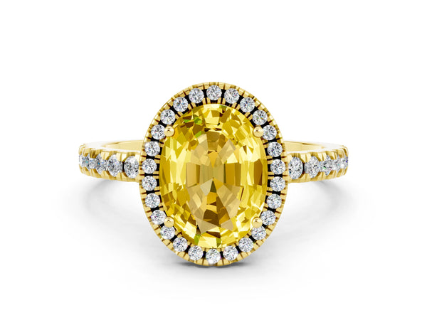 Yellow gold Oval Cut Yellow Sapphire Classic Halo Engagement Ring with Round Pavé Band and Prong Setting