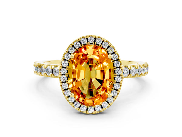 Yellow gold Oval Cut Citrine Classic Halo Engagement Ring with Round Pavé Band and Prong Setting