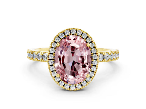 Yellow gold Oval Cut Halo Diamond Pave Band with Prong Setting