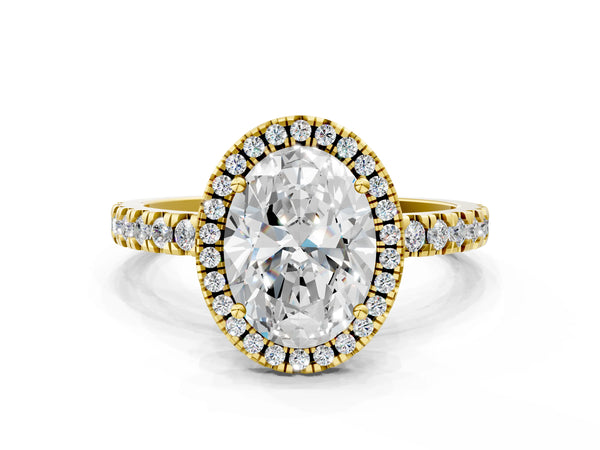 Yellow gold Oval Cut Halo Diamond Pave Band with Prong Setting