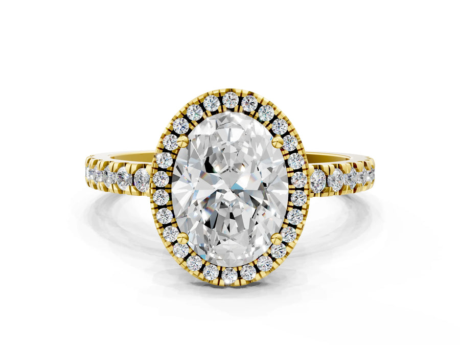 Yellow gold Oval Cut Halo Diamond Pave Band with Prong Setting
