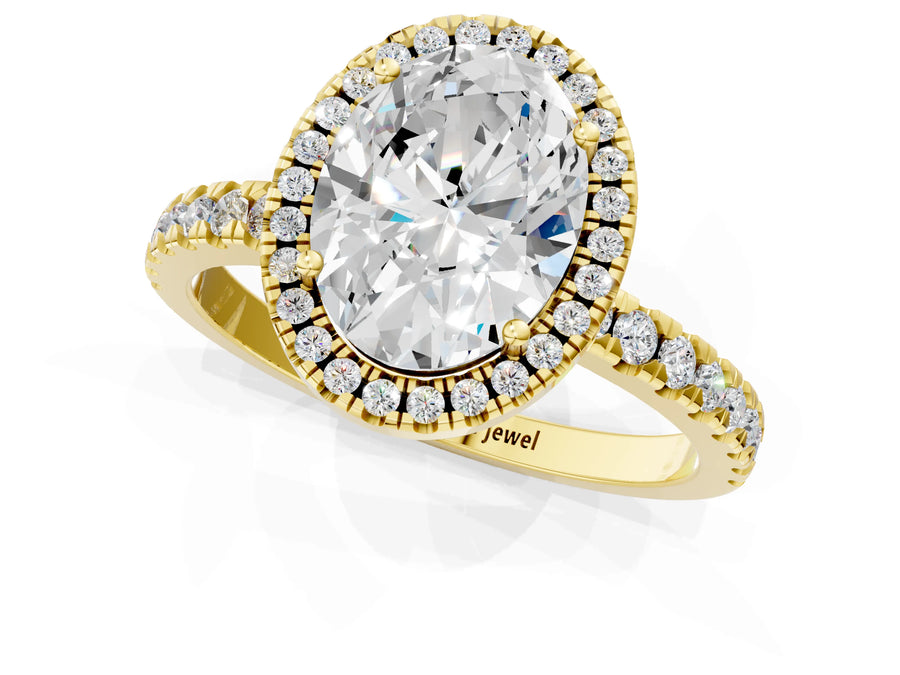 Yellow gold Oval Cut Halo Diamond Pave Band with Prong Setting