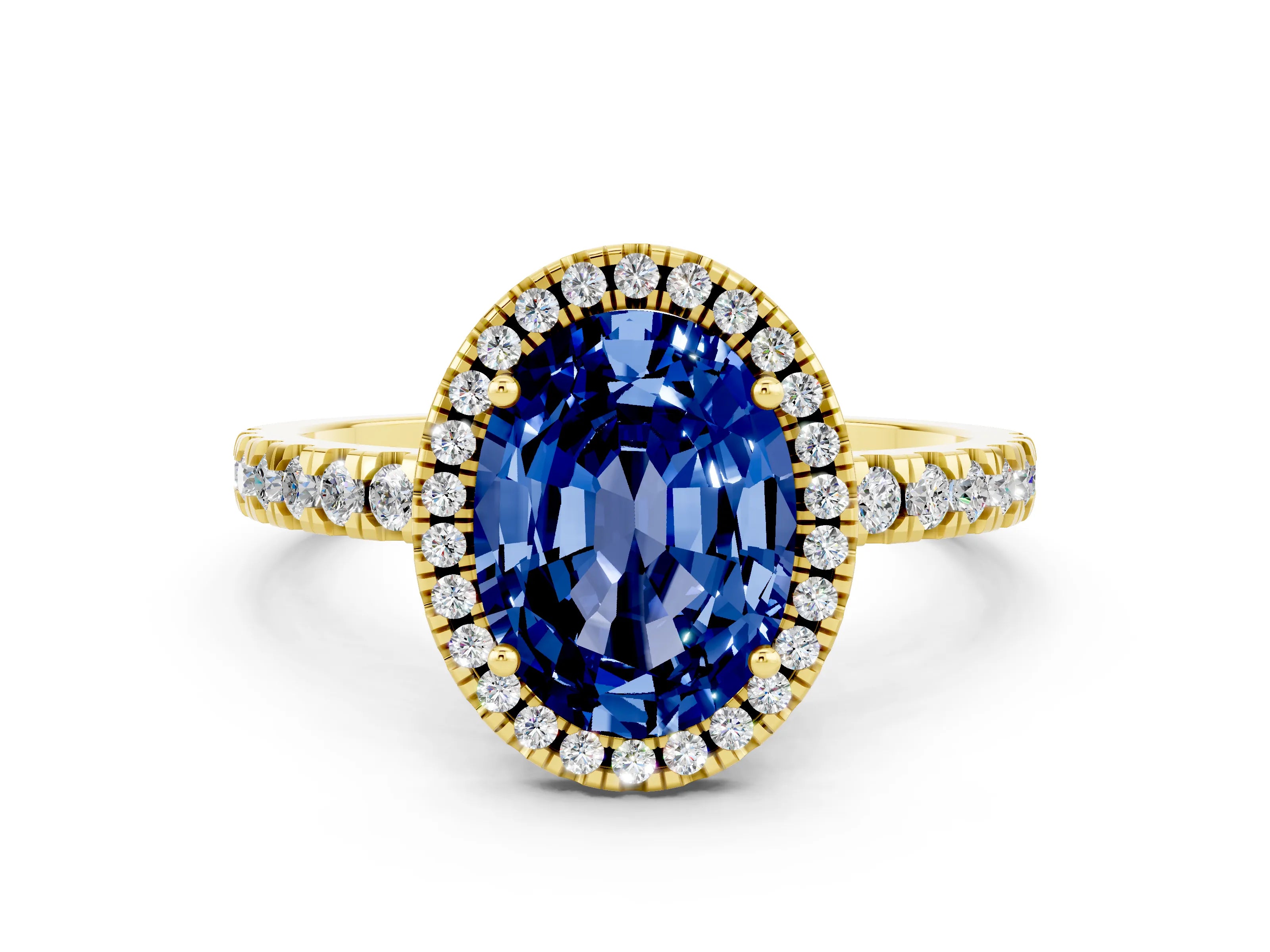 Yellow gold Oval Cut Halo Diamond Pave Band with Prong Setting