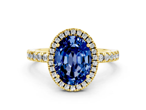 Yellow gold Oval Cut Halo Diamond Pave Band with Prong Setting