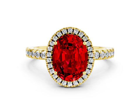 Yellow gold Oval Cut Halo Diamond Pave Band with Prong Setting