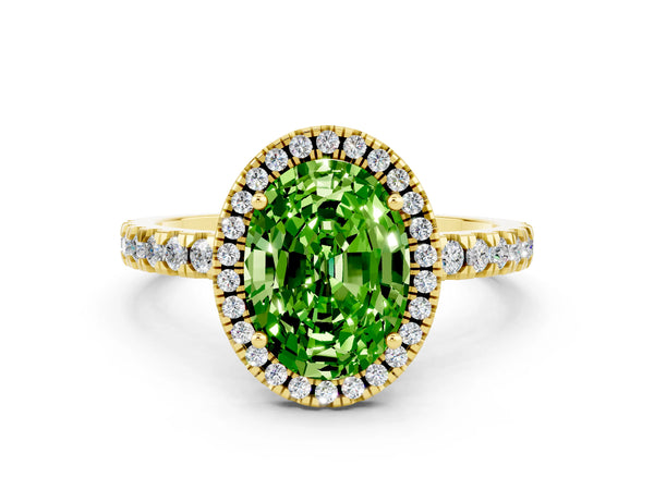 Yellow gold Oval Cut Halo Diamond Pave Band with Prong Setting
