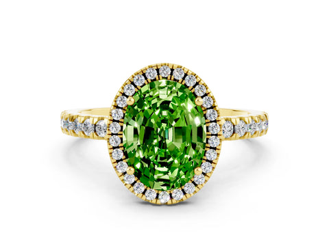 Yellow gold Oval Cut Halo Diamond Pave Band with Prong Setting