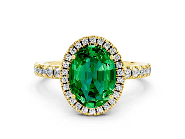 Yellow gold Oval Cut Emerald Classic Halo Engagement Ring with Round Pavé Band and Prong Setting