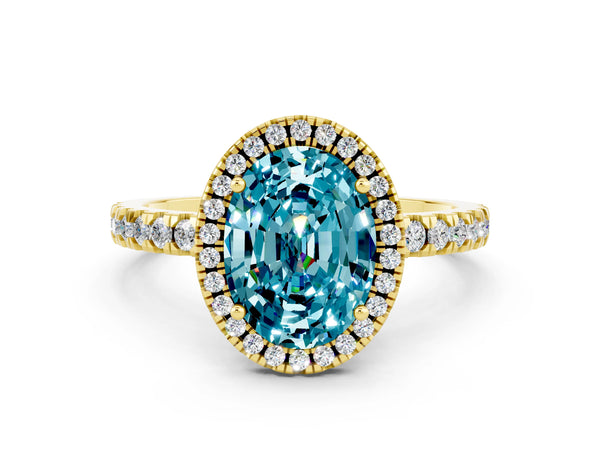 Yellow gold Oval Cut Halo Diamond Pave Band with Prong Setting