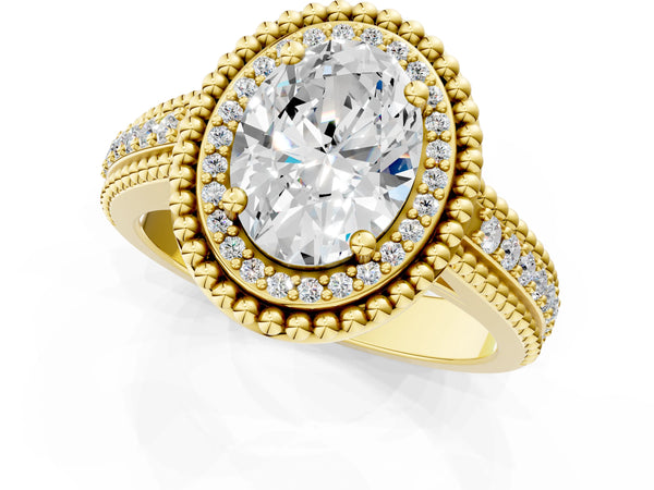 Yellow Gold Oval Beaded Halo Engagement Ring Setting with Pave