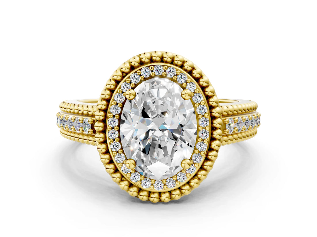 Yellow gold Oval Cut Halo Diamond Ring with Beaded Split Shank and Four-Prong Setting_9