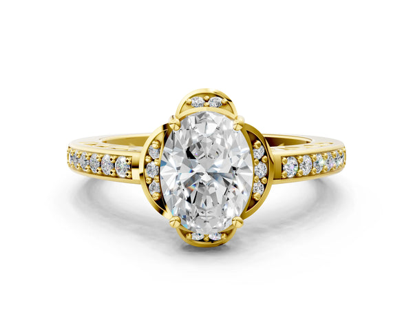 Yellow gold Oval Cut Halo Diamond Ring with Channel Set Band and Four-Prong Setting
