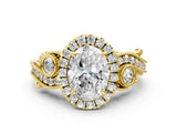 Yellow gold Oval Cut Halo Diamond Ring with Milgrain and Bezel Accents on a Split Shank Band_15