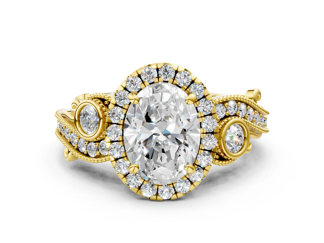 Yellow gold Oval Cut Halo Diamond Ring with Milgrain and Bezel Accents on a Split Shank Band_16