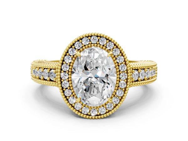 Yellow gold Oval Cut Halo Diamond Ring with Pavé Band and Four-Prong Setting