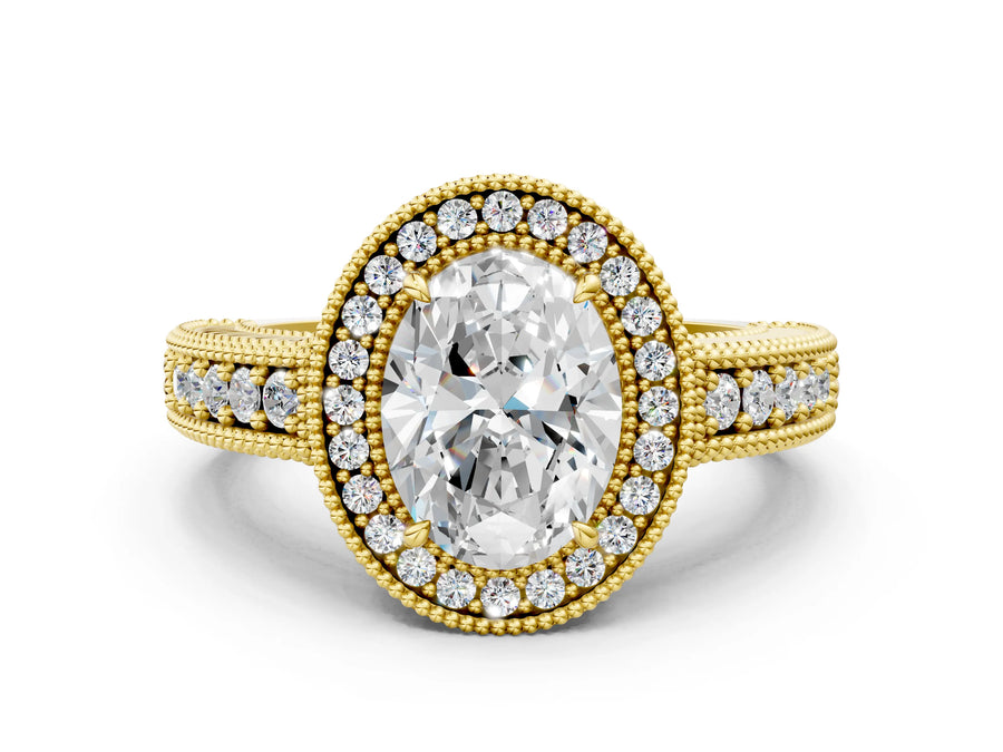 Yellow gold Oval Cut Halo Diamond Ring with Pavé Band and Four-Prong Setting