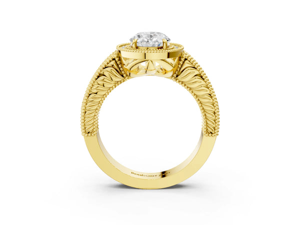 Yellow gold Oval Cut Halo Diamond Ring with Pavé Band and Four-Prong Setting