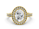 Yellow gold Oval Cut Halo Diamond Ring with Pavé Band and Milgrain Prong Setting_32