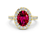 Yellow gold Oval Cut Halo Diamond Ring with Pavé Band and Three-Prong Setting