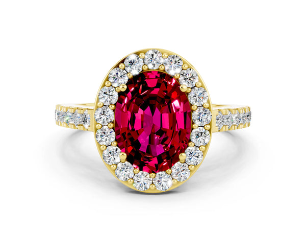 Yellow gold Oval Cut Garnet Halo Ring with Round Pavé Split Shank and Prong Setting