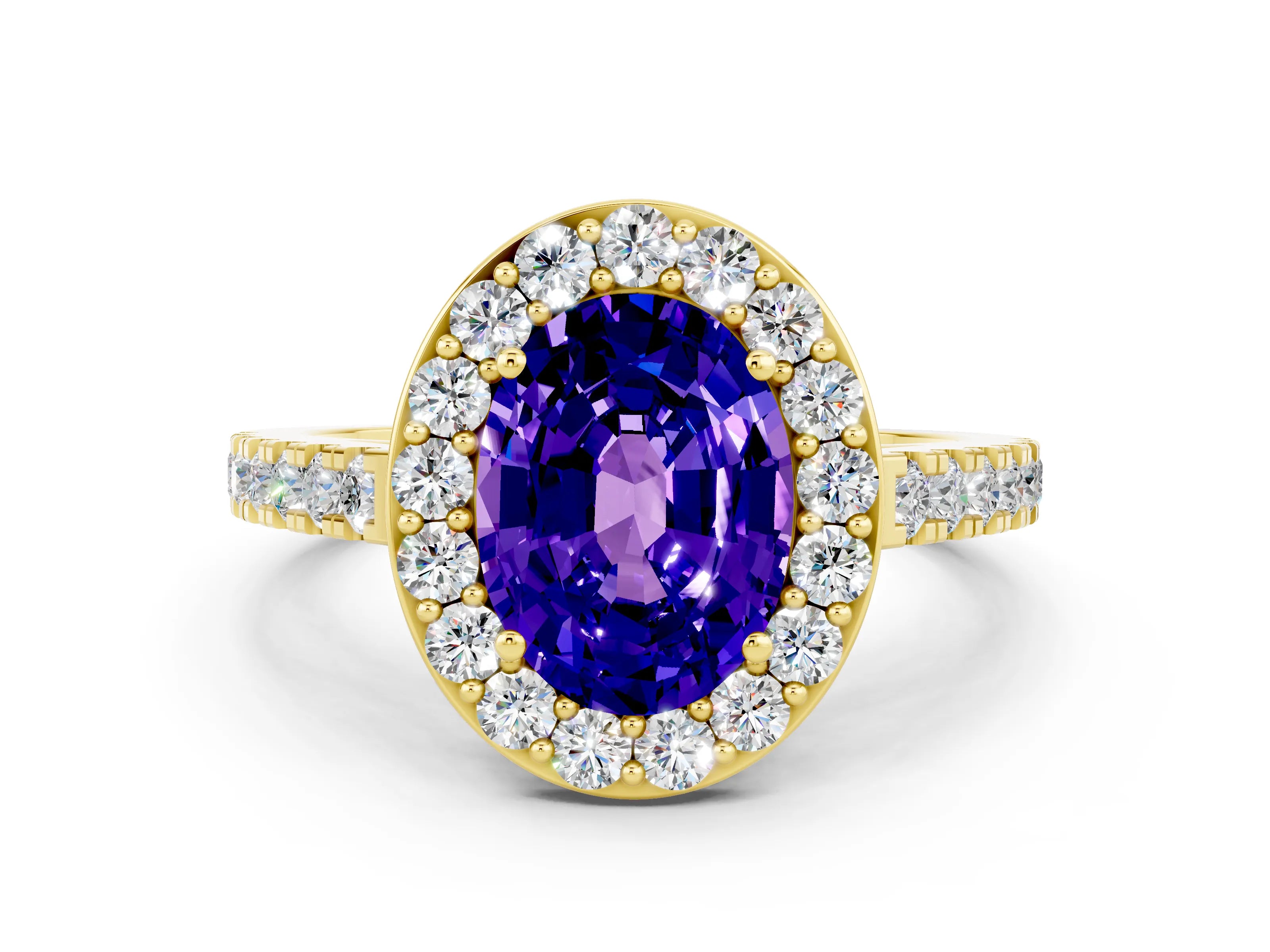 Yellow gold Oval Cut Halo Diamond Ring with Pavé Band and Three-Prong Setting