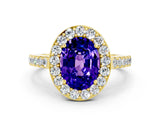 Yellow gold Oval Cut Halo Diamond Ring with Pavé Band and Three-Prong Setting
