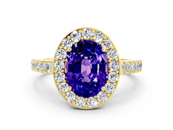 Yellow gold Oval Cut Tanzanite Halo Ring with Round Pavé Split Shank and Prong Setting