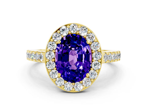 Yellow gold Oval Cut Halo Diamond Ring with Pavé Band and Three-Prong Setting