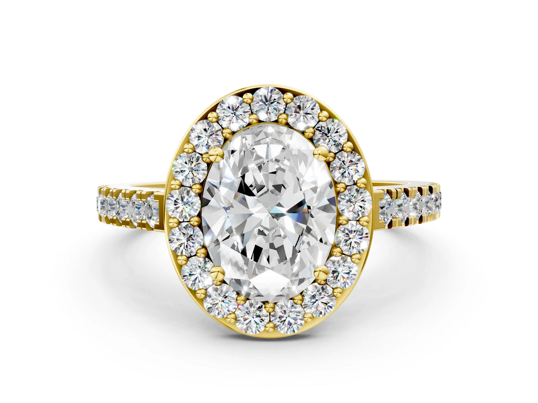 Yellow gold Oval Cut Halo Diamond Ring with Pavé Band and Three-Prong Setting_12