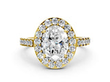 Yellow gold Oval Cut Halo Diamond Ring with Pavé Band and Three-Prong Setting_12