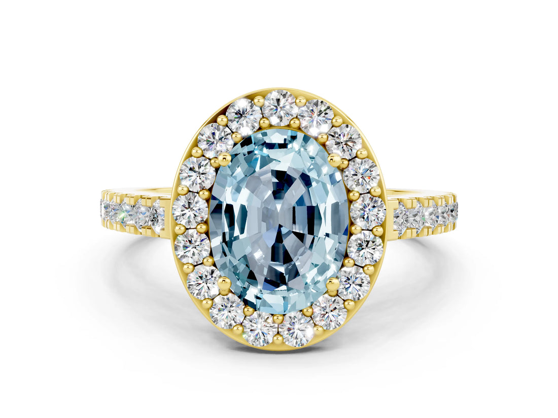 Yellow gold Oval Cut Halo Diamond Ring with Pavé Band and Three-Prong Setting