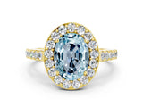 Yellow gold Oval Cut Halo Diamond Ring with Pavé Band and Three-Prong Setting
