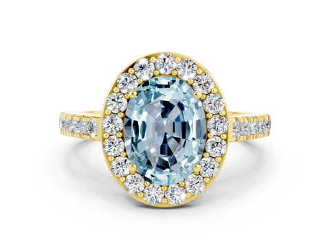 Yellow gold Oval Cut Halo Diamond Ring with Pavé Band and Three-Prong Setting