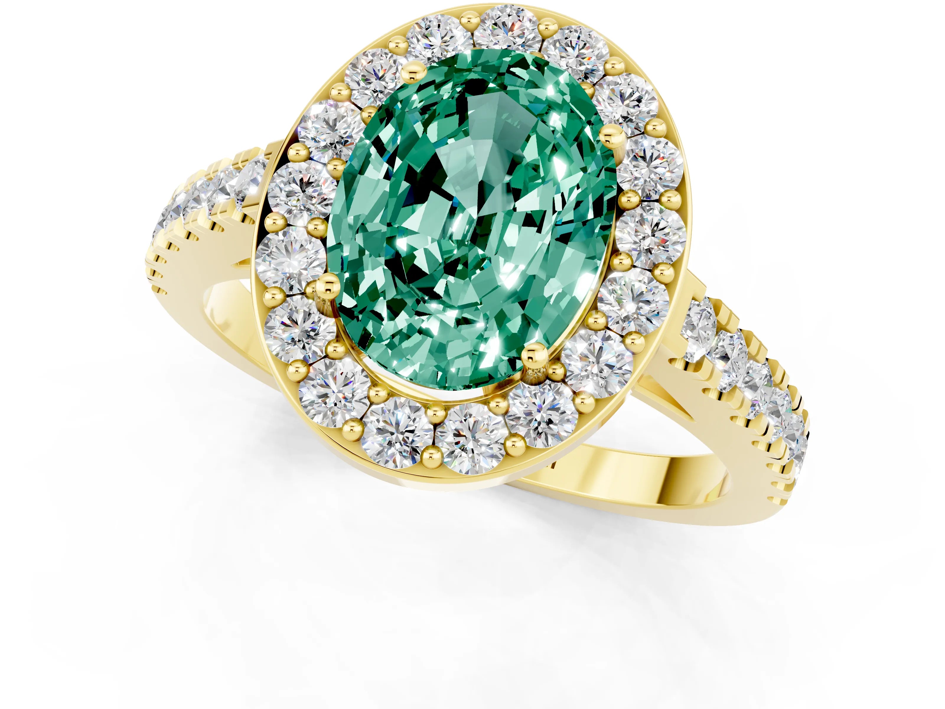 Yellow gold Oval Cut Halo Diamond Ring with Pavé Band and Three-Prong Setting_1