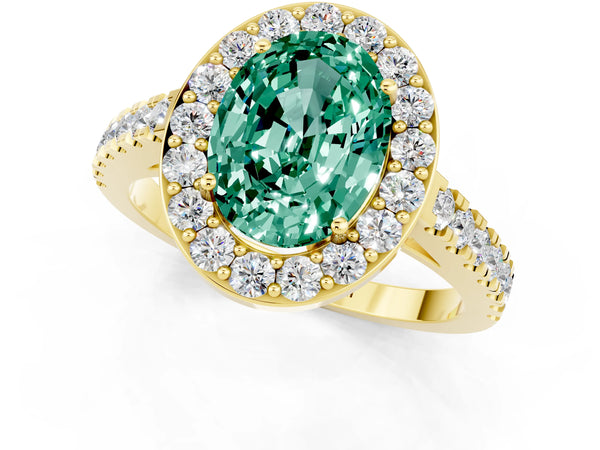 Yellow gold Oval Cut Green Sapphire Halo Ring with Round Pavé Split Shank and Prong Setting