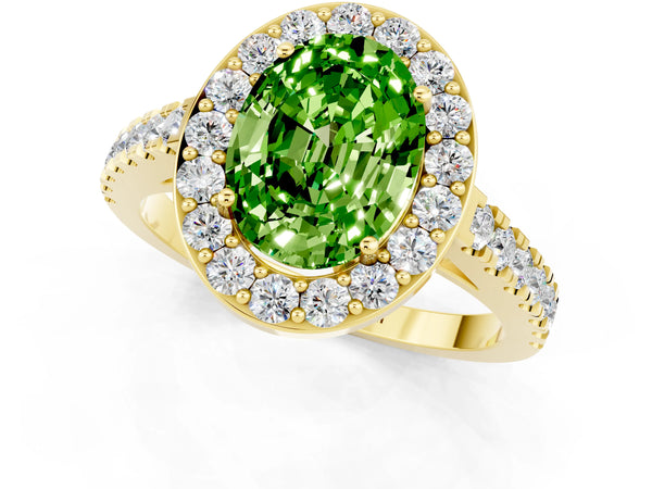 Yellow gold Oval Cut Halo Diamond Ring with Pavé Band and Three-Prong Setting