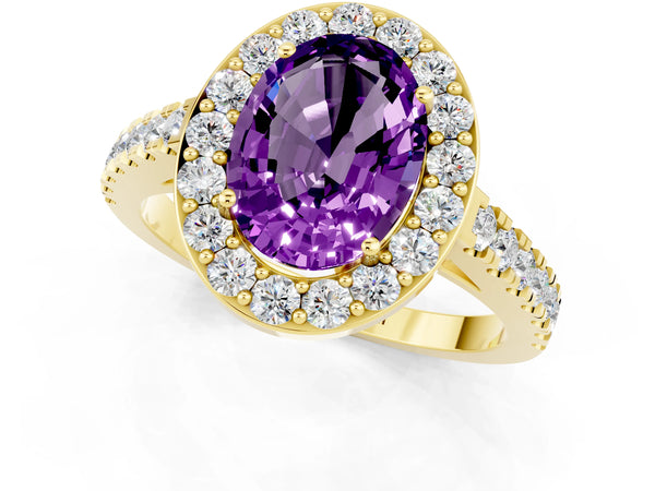 Yellow gold Oval Cut Amethyst Halo Ring with Round Pavé Split Shank and Prong Setting