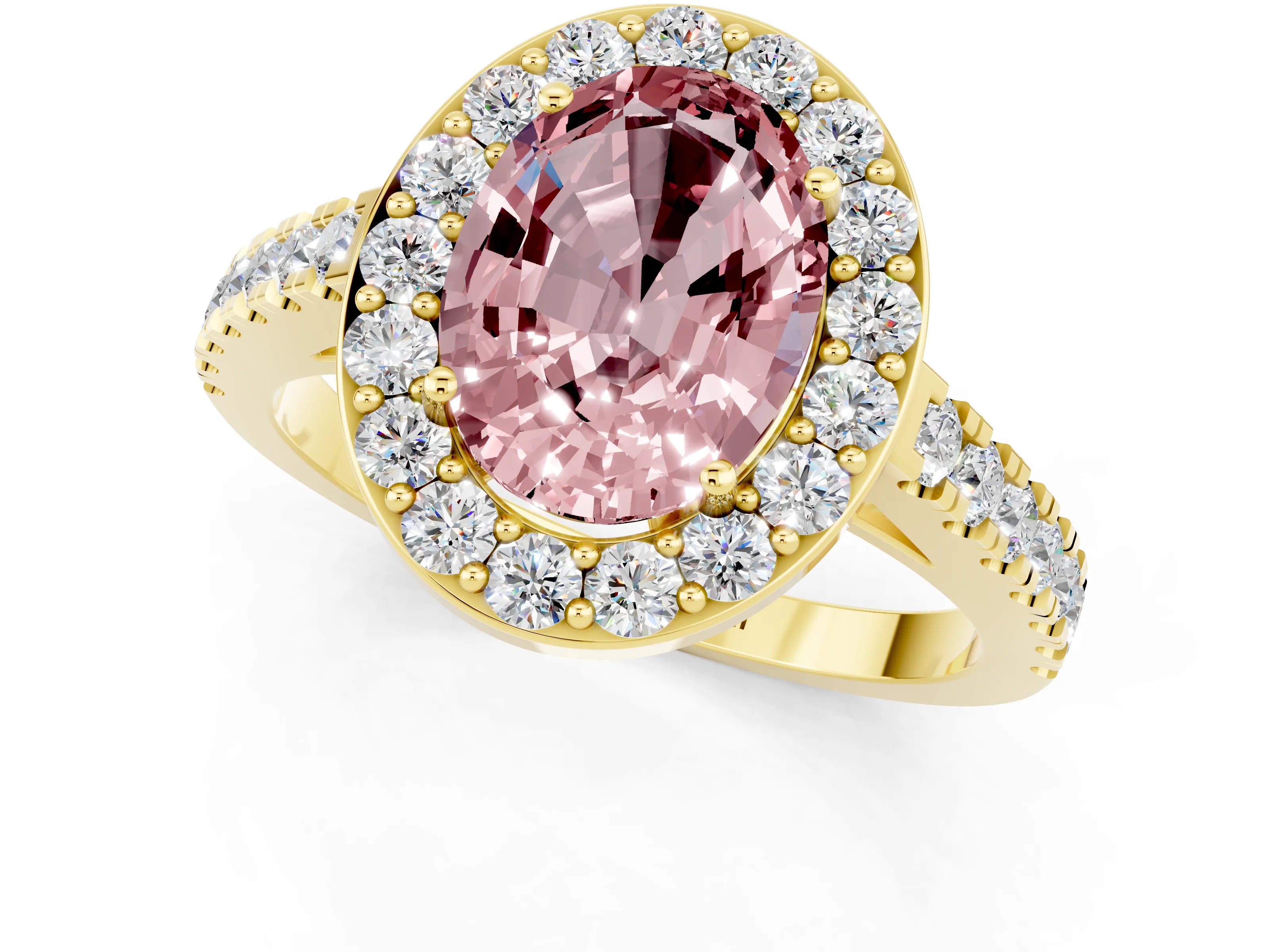 Yellow gold Oval Cut Halo Diamond Ring with Pavé Band and Three-Prong Setting_1