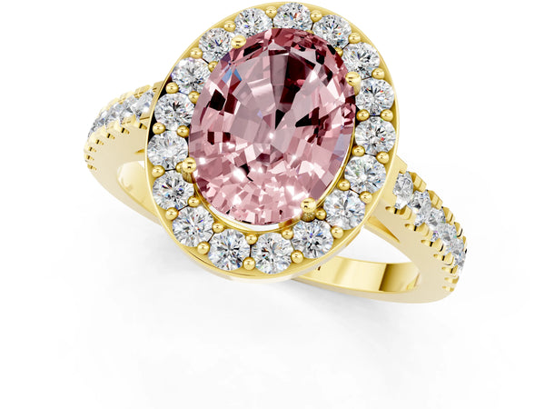 Yellow gold Oval Cut Halo Diamond Ring with Pavé Band and Three-Prong Setting
