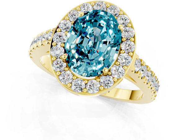 Yellow gold Oval Cut Halo Diamond Ring with Pavé Band and Three-Prong Setting