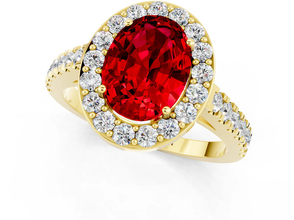 Yellow gold Oval Cut Ruby Halo Ring with Round Pavé Split Shank and Prong Setting