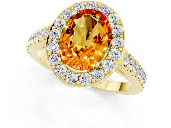 Yellow gold Oval Cut Citrine Halo Ring with Round Pavé Split Shank and Prong Setting