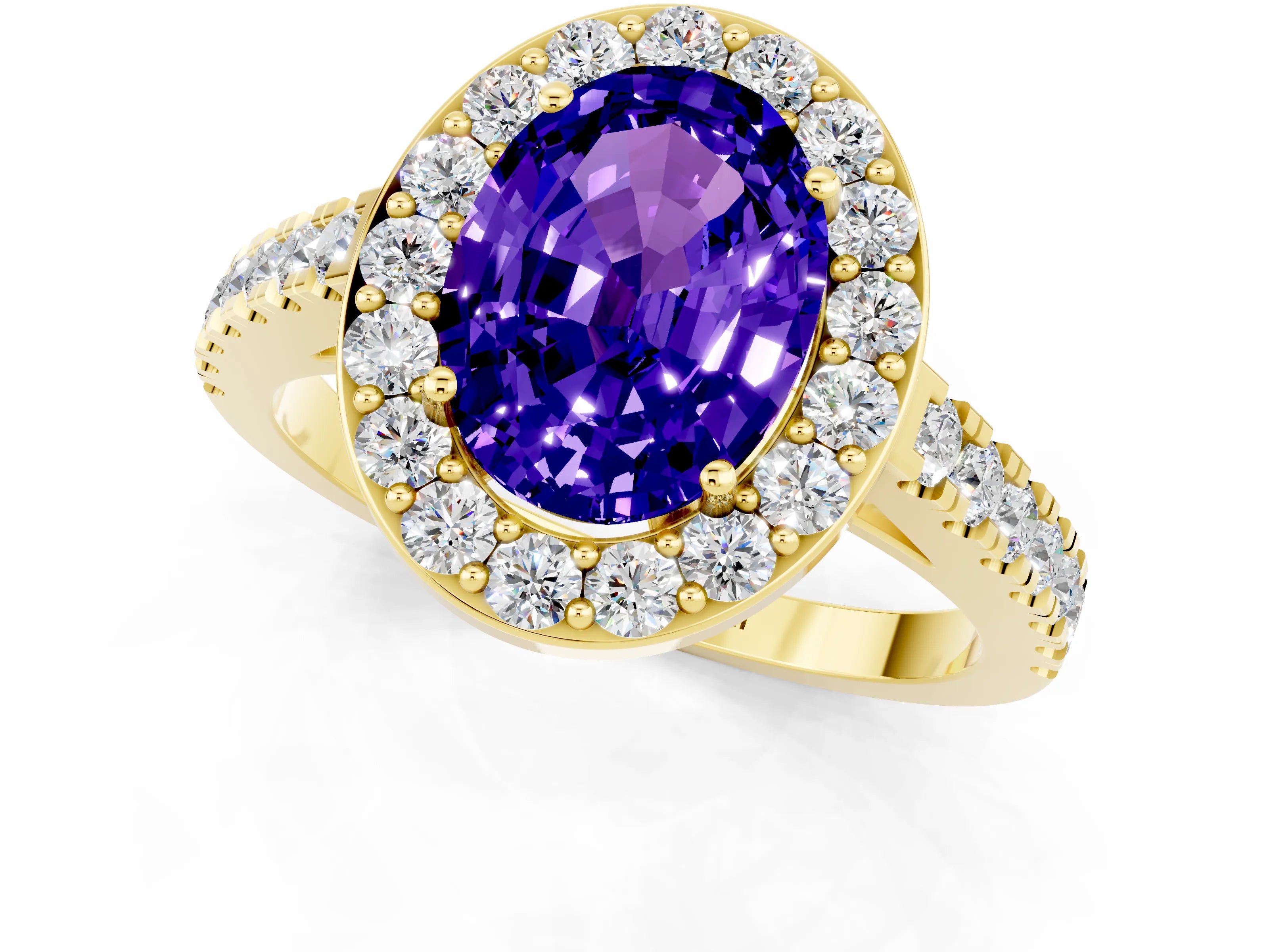 Yellow gold Oval Cut Halo Diamond Ring with Pavé Band and Three-Prong Setting_1