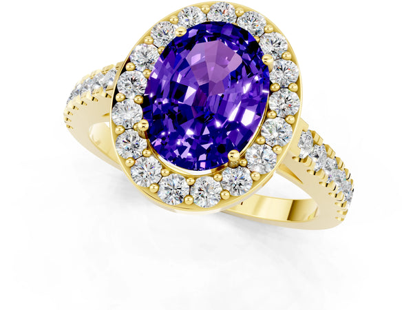 Yellow gold Oval Cut Tanzanite Halo Ring with Round Pavé Split Shank and Prong Setting