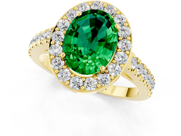 Yellow gold Oval Cut Emerald Halo Ring with Round Pavé Split Shank and Prong Setting
